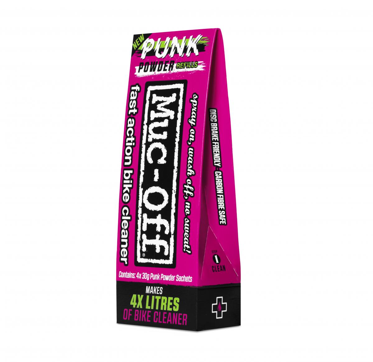 Muc-Off Punk Powder Bike Cleaner i en rosa förpackning som innehåller 4 påsar för att skapa 4 liter cykeltvätt. Miljövänlig och snabbverkande rengöring.