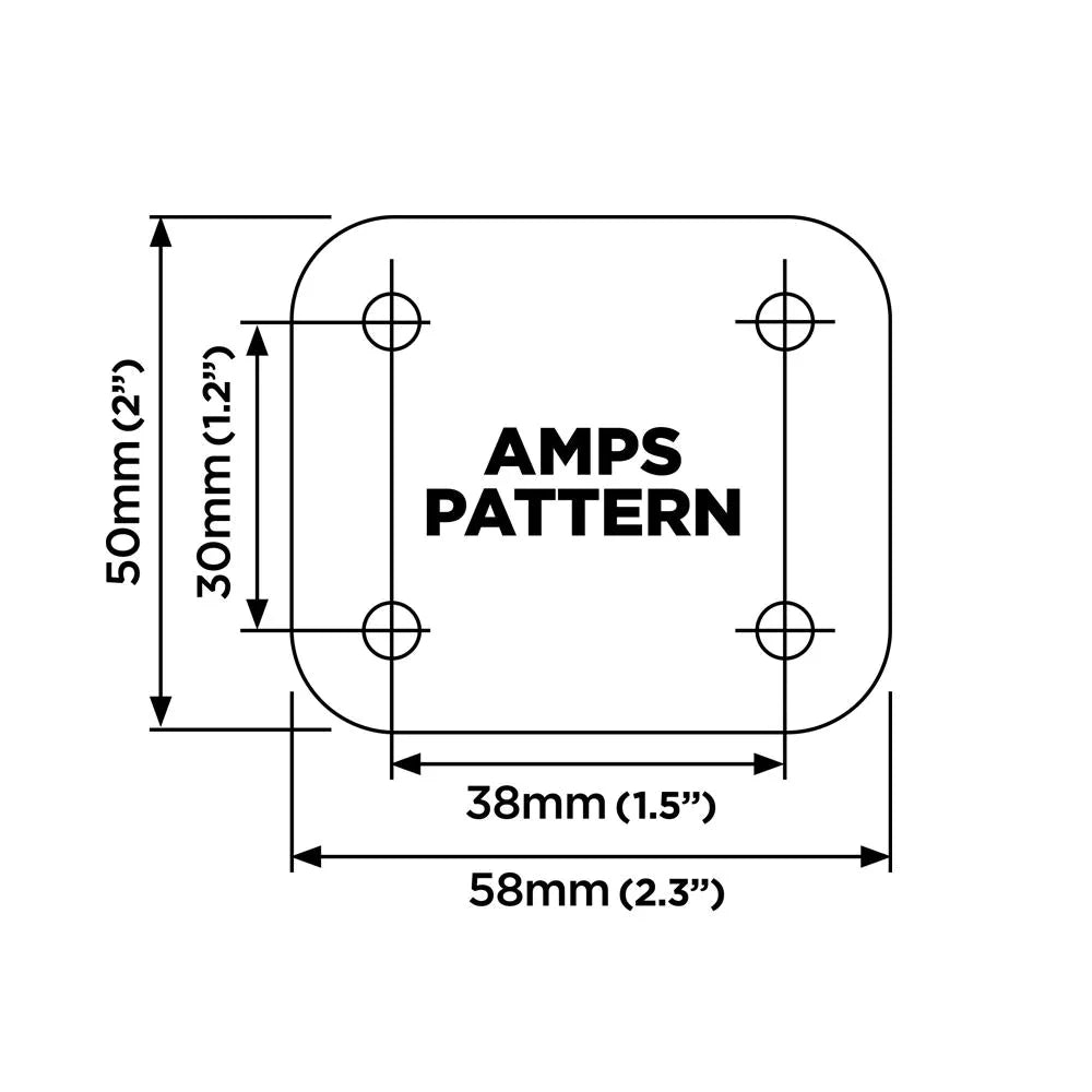 Måttdiagram för QuadLock 360 Base fyrkantig modell, visar AMPS-mönster och exakta dimensioner.